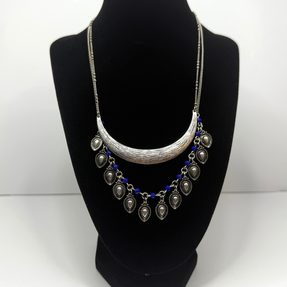 Crescent Charm Statement Bib Necklace Silver Tone Blue Beads Dangle Jewelry 10in